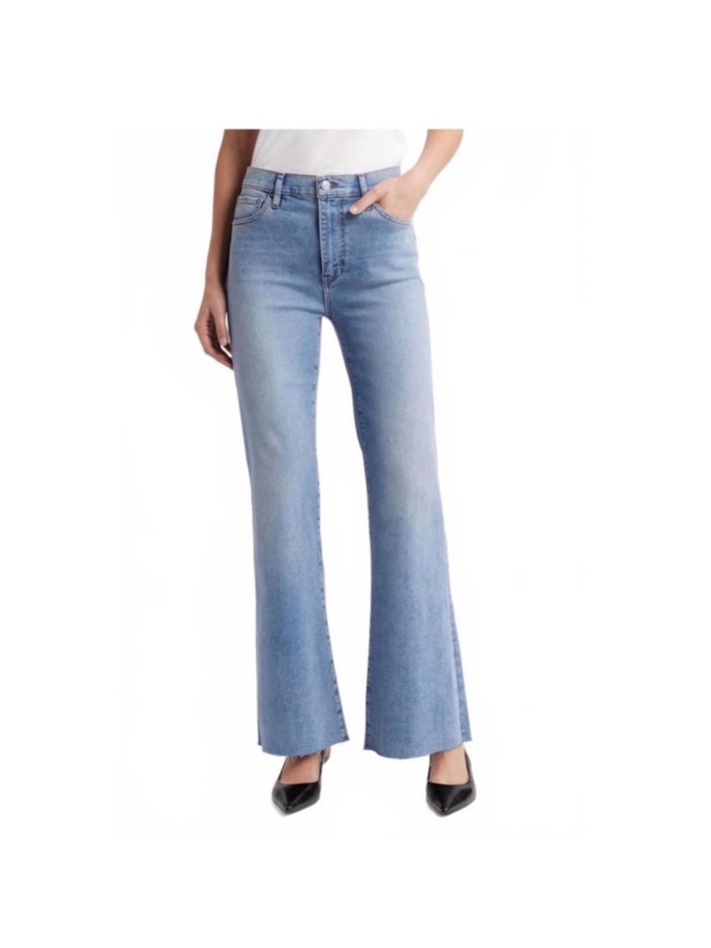 FRAME The Icon Flare Jeans Size 26 NWOT Mid Rise Raw Hem Stretch Denim Blue - Picture 7 of 8